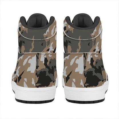 Brown And Black Camouflage Print High Top Leather Sneakers