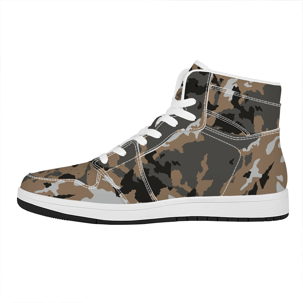 Brown And Black Camouflage Print High Top Leather Sneakers