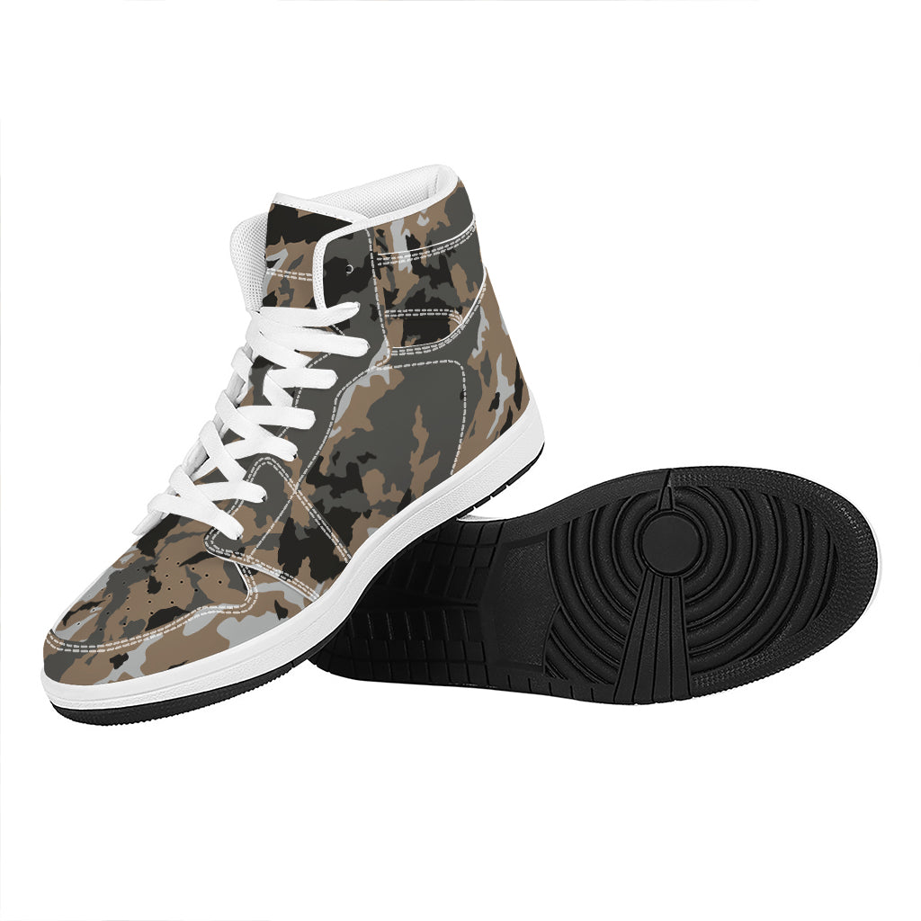 Brown And Black Camouflage Print High Top Leather Sneakers