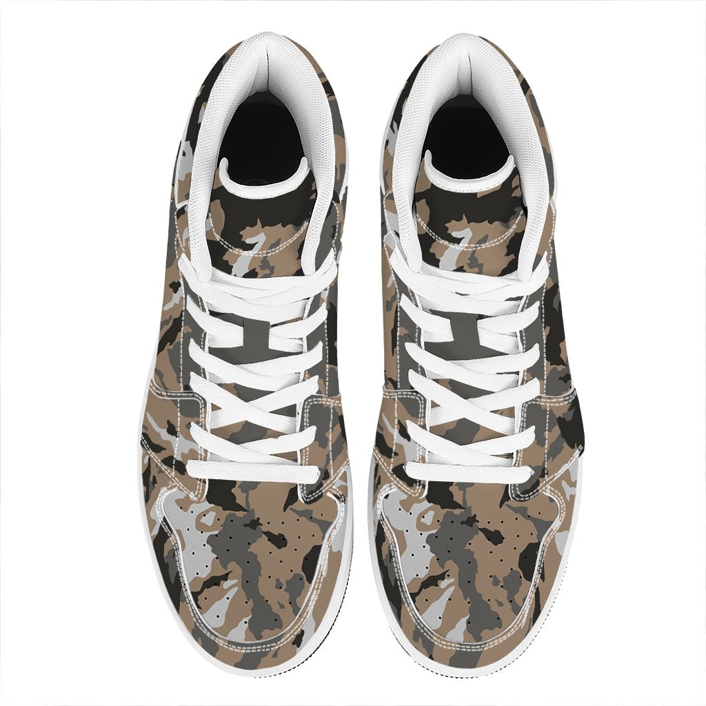 Brown And Black Camouflage Print High Top Leather Sneakers