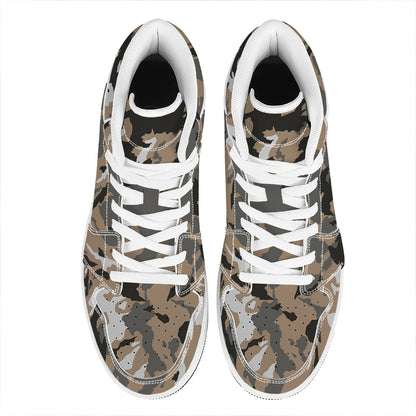Brown And Black Camouflage Print High Top Leather Sneakers