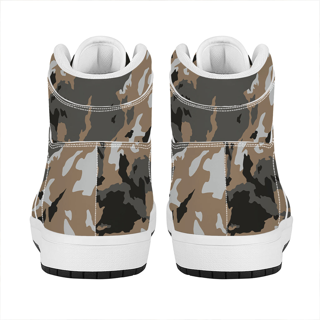 Brown And Black Camouflage Print High Top Leather Sneakers