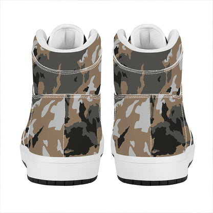 Brown And Black Camouflage Print High Top Leather Sneakers