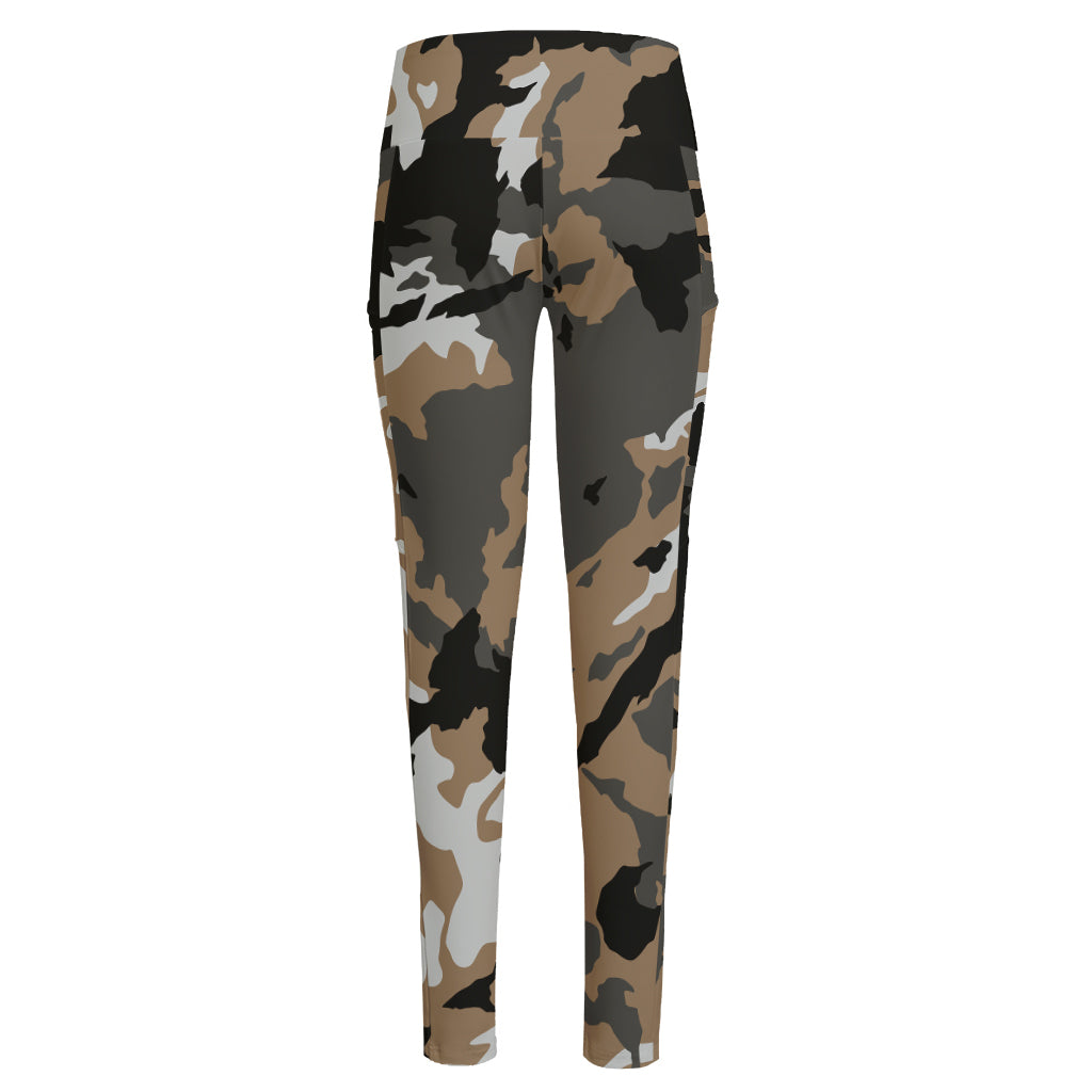 Brown And Black Camouflage Print High-Waisted Pocket Leggings