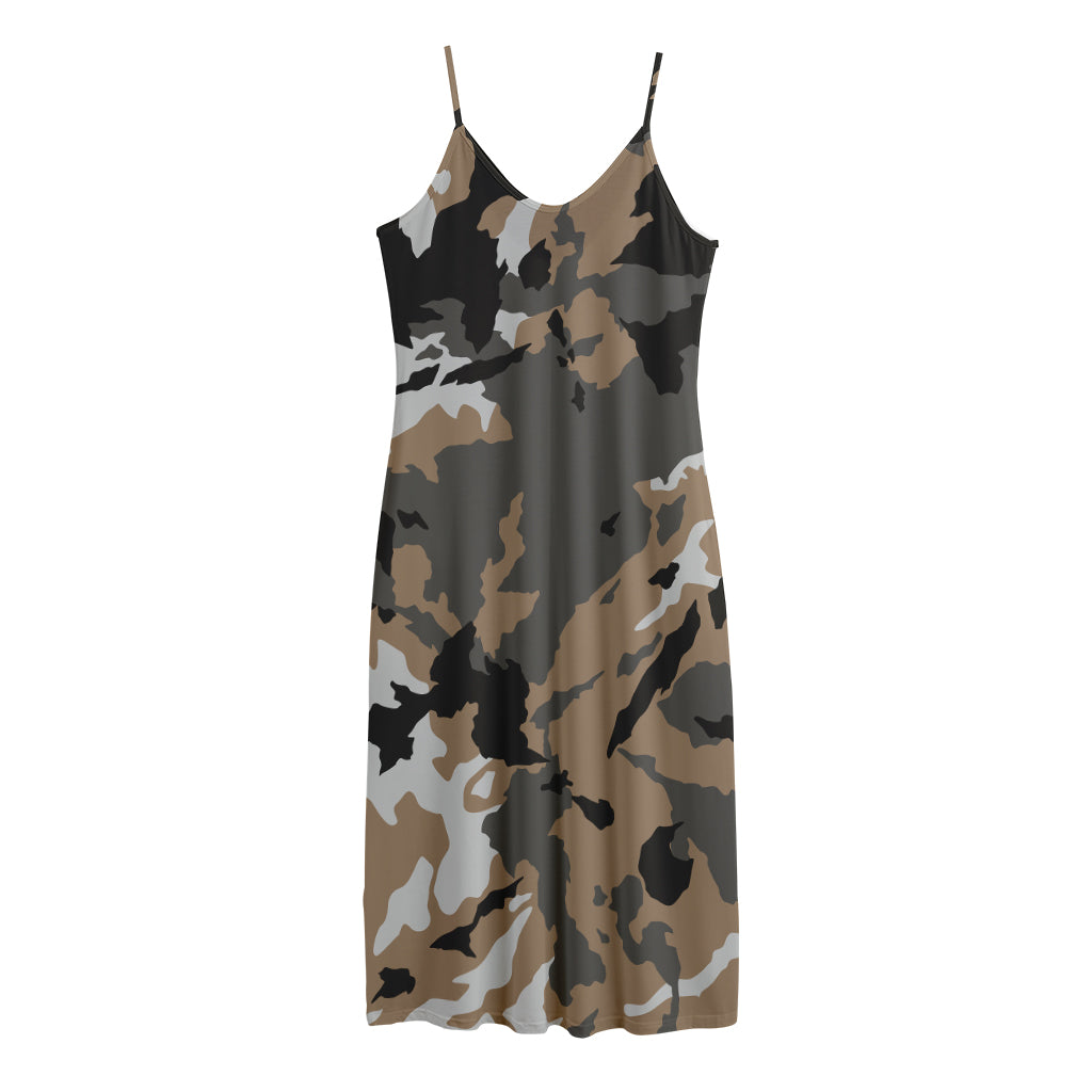 Brown And Black Camouflage Print Jersey Midi Cami Dress