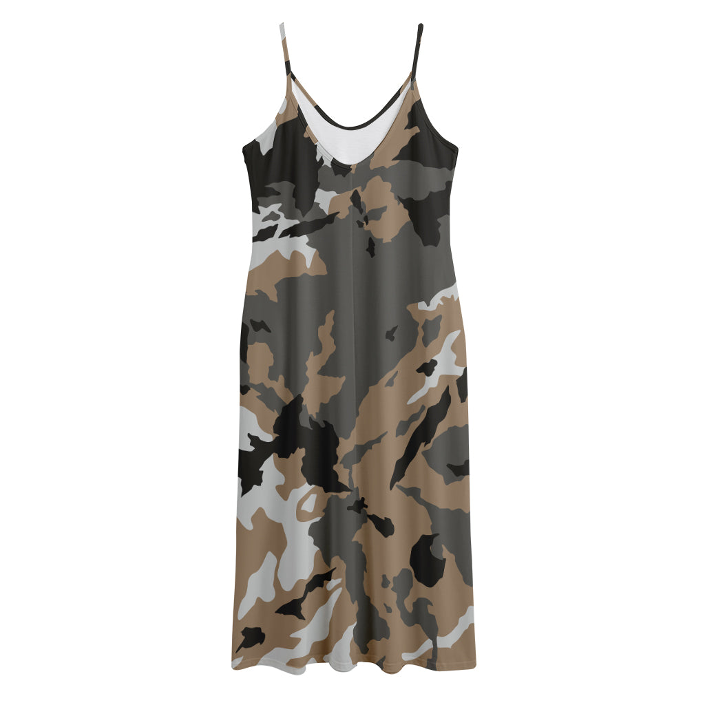 Brown And Black Camouflage Print Jersey Midi Cami Dress