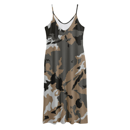 Brown And Black Camouflage Print Jersey Midi Cami Dress