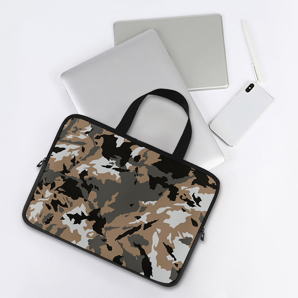 Brown And Black Camouflage Print Laptop Sleeve With Handle