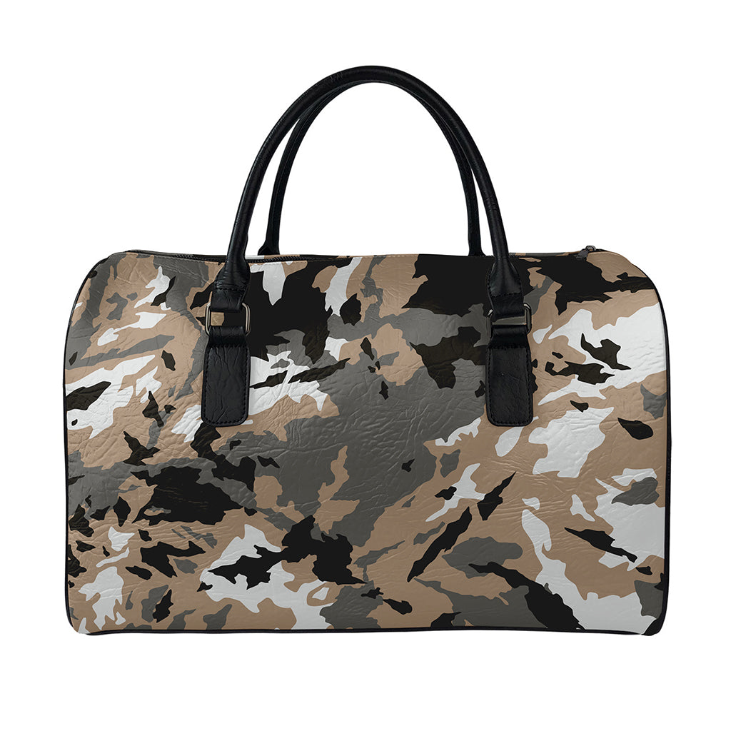 Brown And Black Camouflage Print Leather Duffle Bag