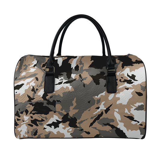 Brown And Black Camouflage Print Leather Duffle Bag