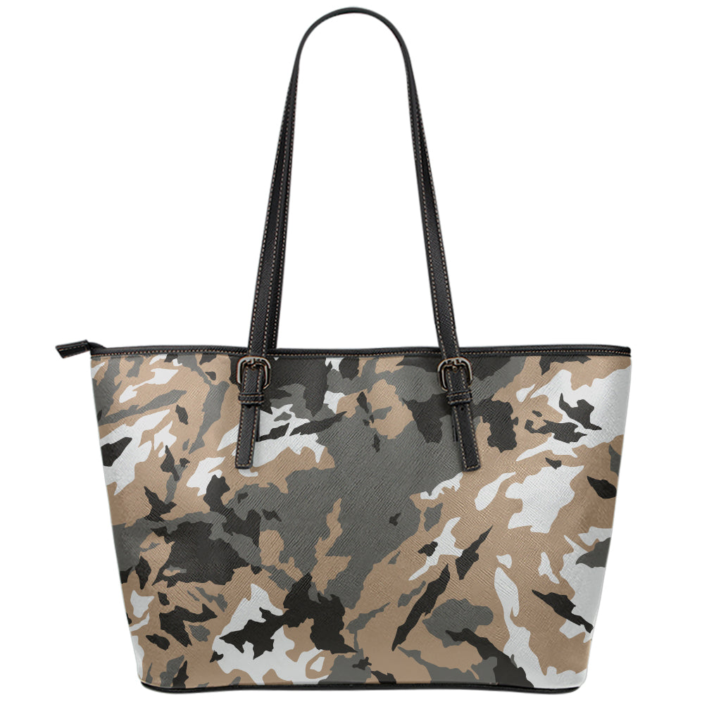 Brown And Black Camouflage Print Leather Tote Bag