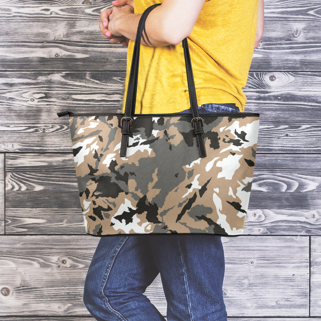 Brown And Black Camouflage Print Leather Tote Bag