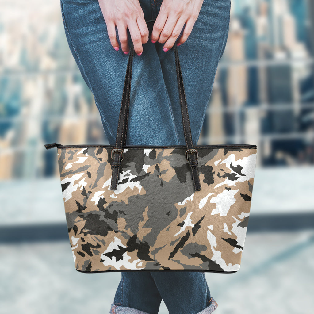 Brown And Black Camouflage Print Leather Tote Bag