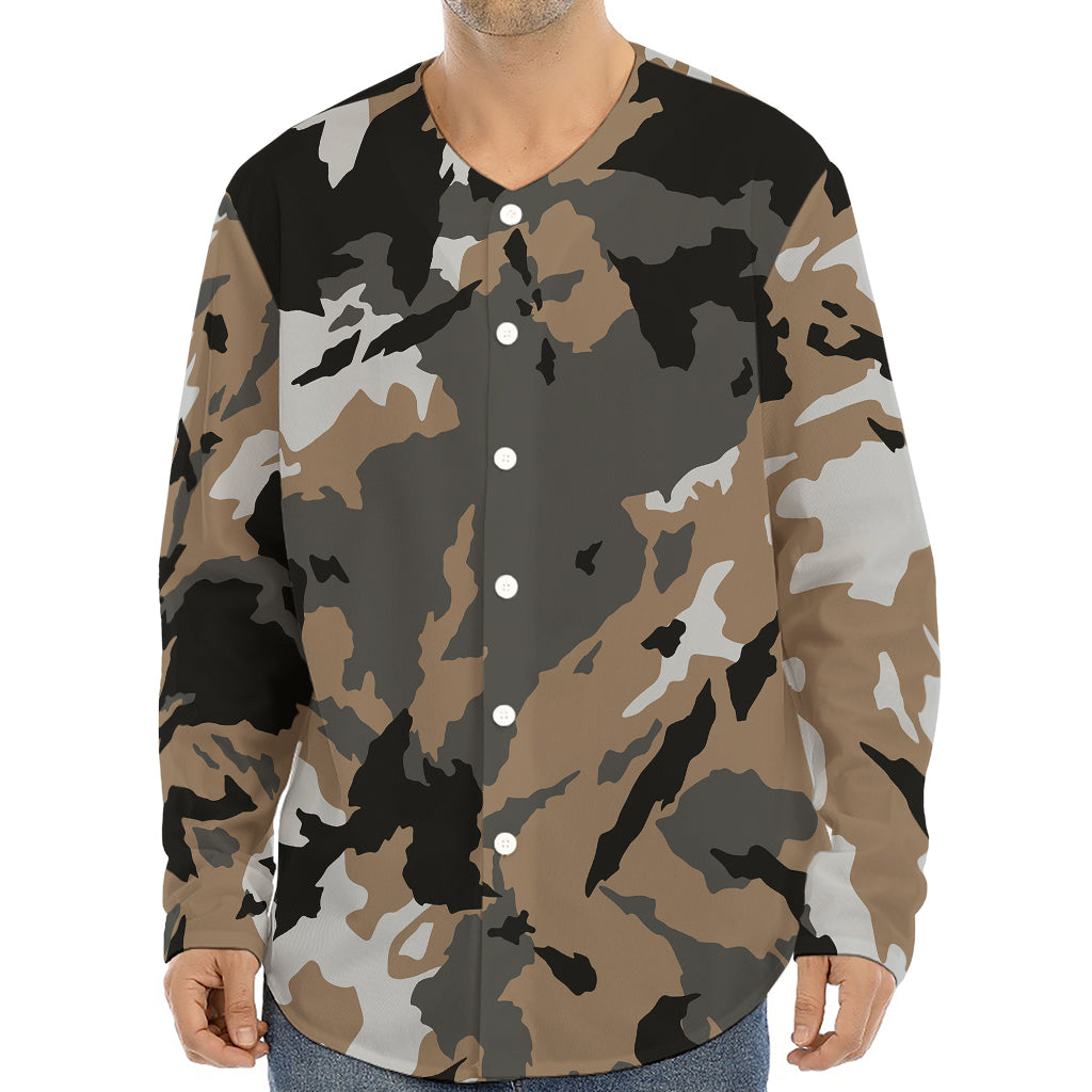Brown And Black Camouflage Print Long Sleeve Baseball Jersey