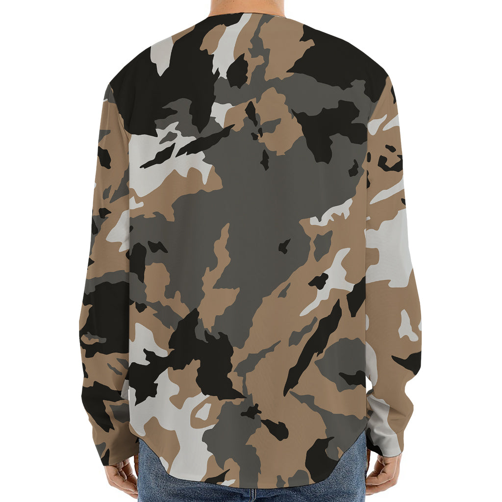 Brown And Black Camouflage Print Long Sleeve Baseball Jersey