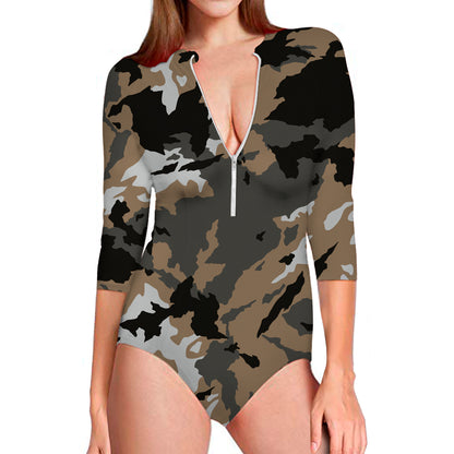Brown And Black Camouflage Print Long Sleeve Swimsuit