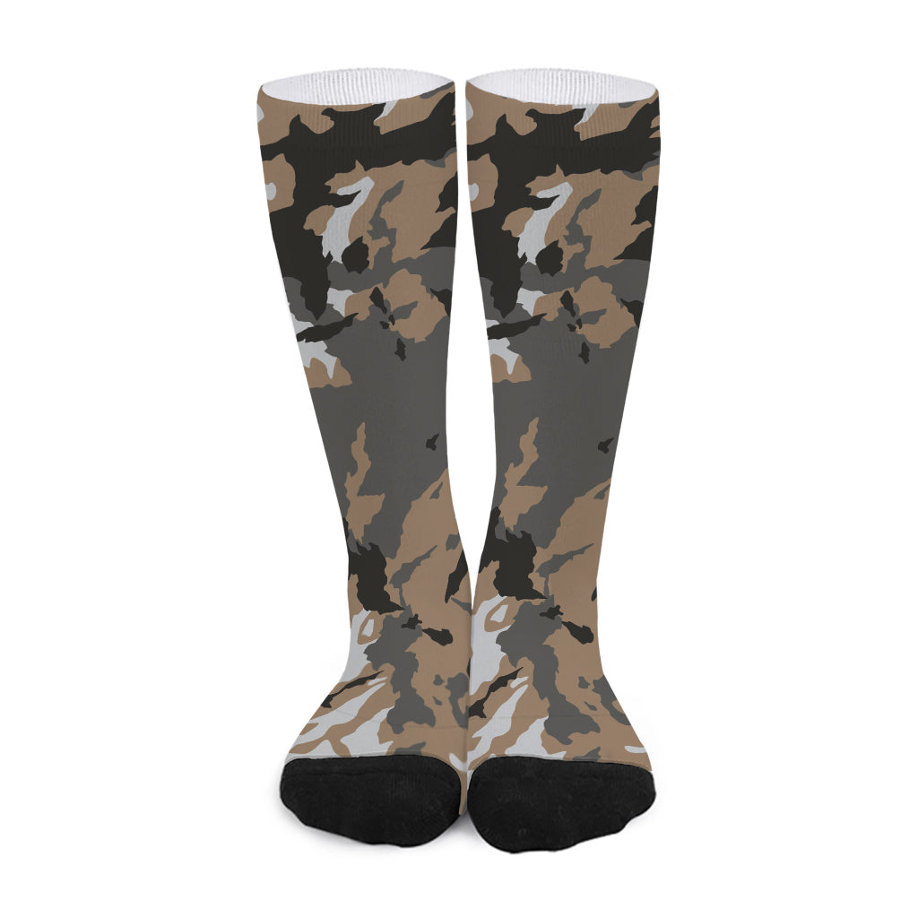 Brown And Black Camouflage Print Long Socks