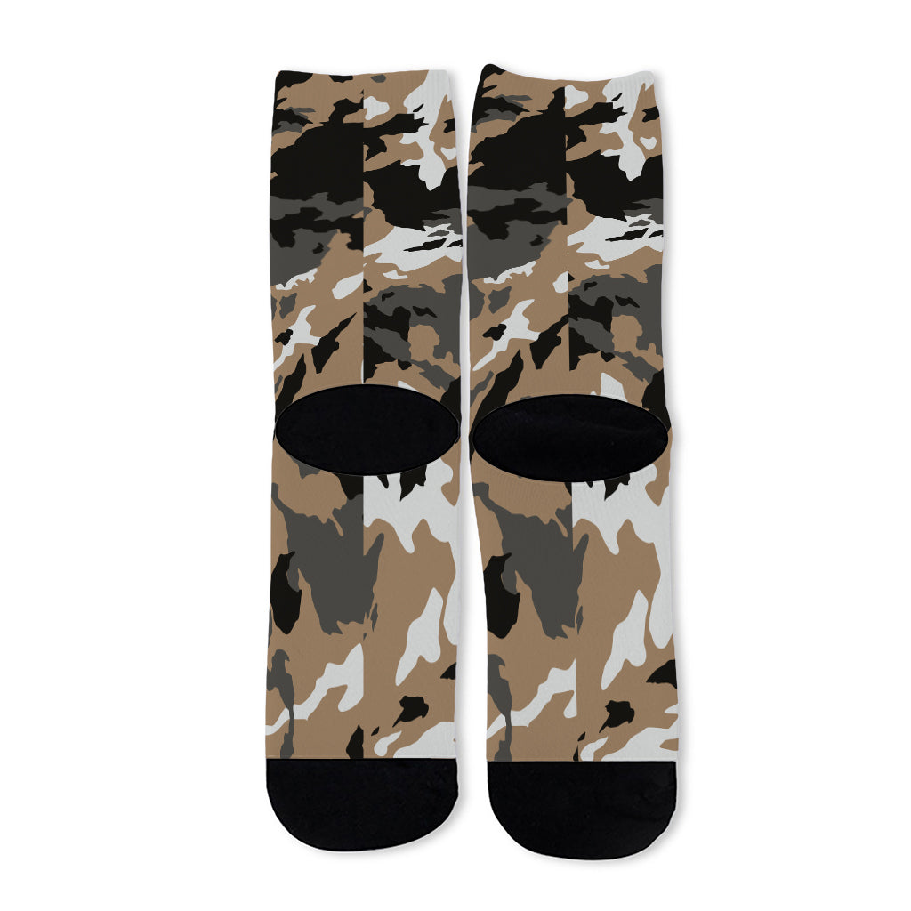 Brown And Black Camouflage Print Long Socks