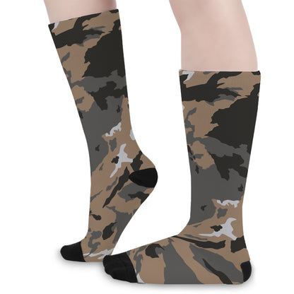 Brown And Black Camouflage Print Long Socks