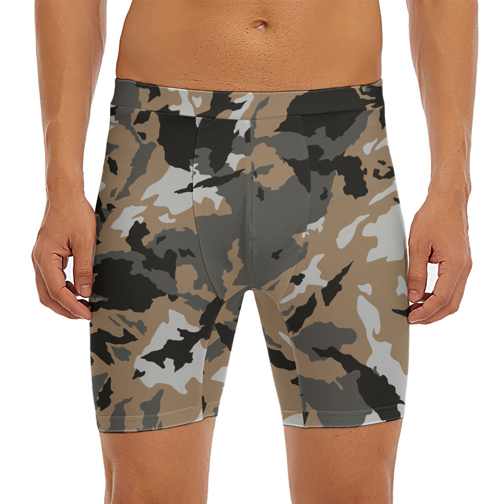 Brown And Black Camouflage Print Men's Long Boxer Briefs