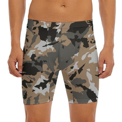 Brown And Black Camouflage Print Men's Long Boxer Briefs