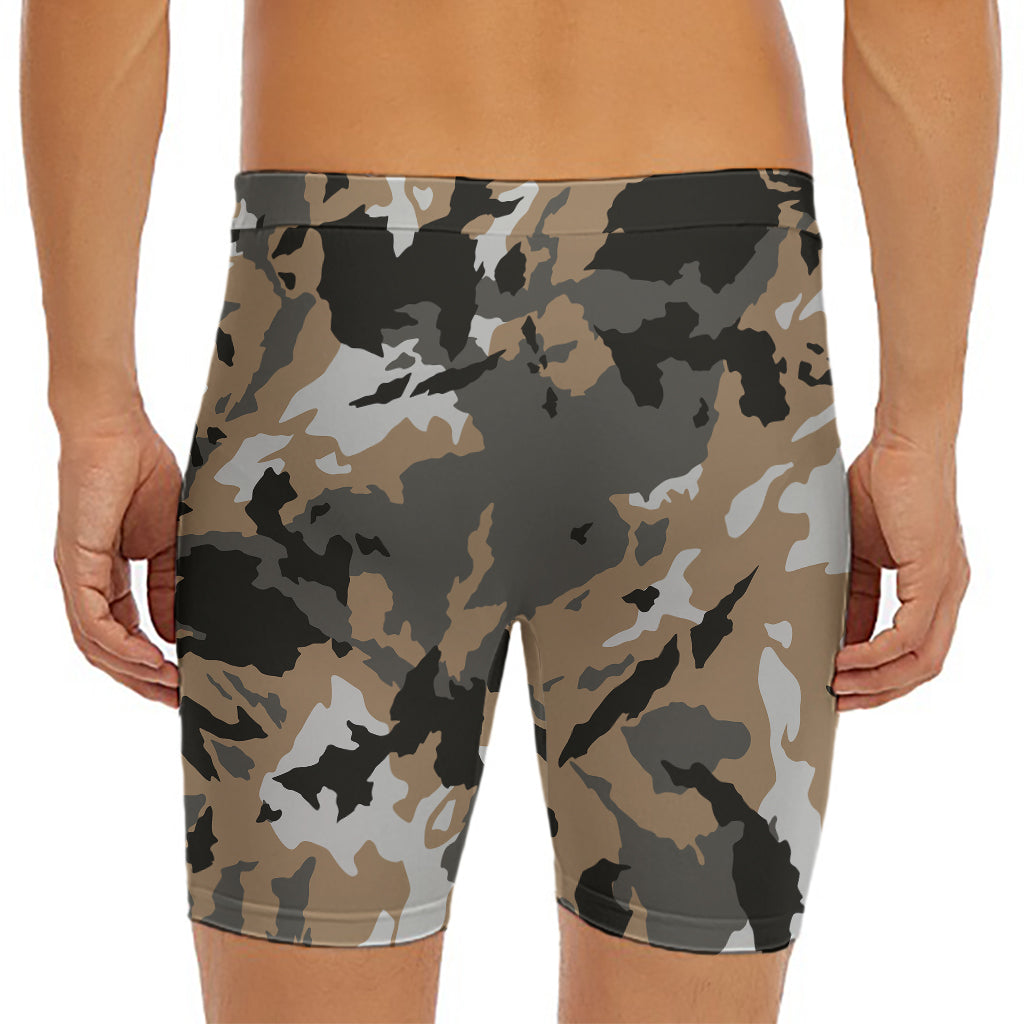 Brown And Black Camouflage Print Men's Long Boxer Briefs
