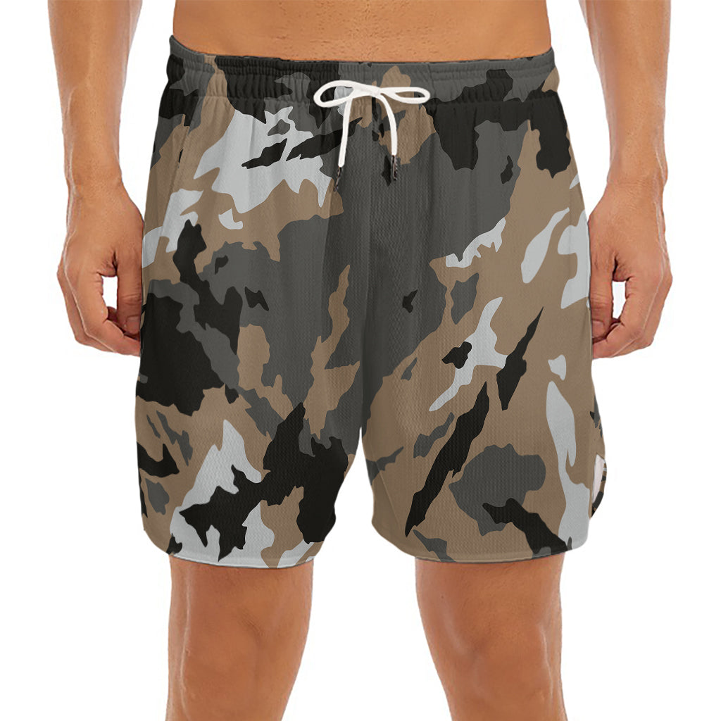 Brown And Black Camouflage Print Men's Split Running Shorts