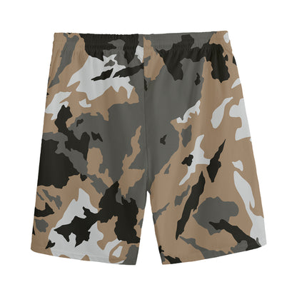 Brown And Black Camouflage Print Men's Sports Shorts