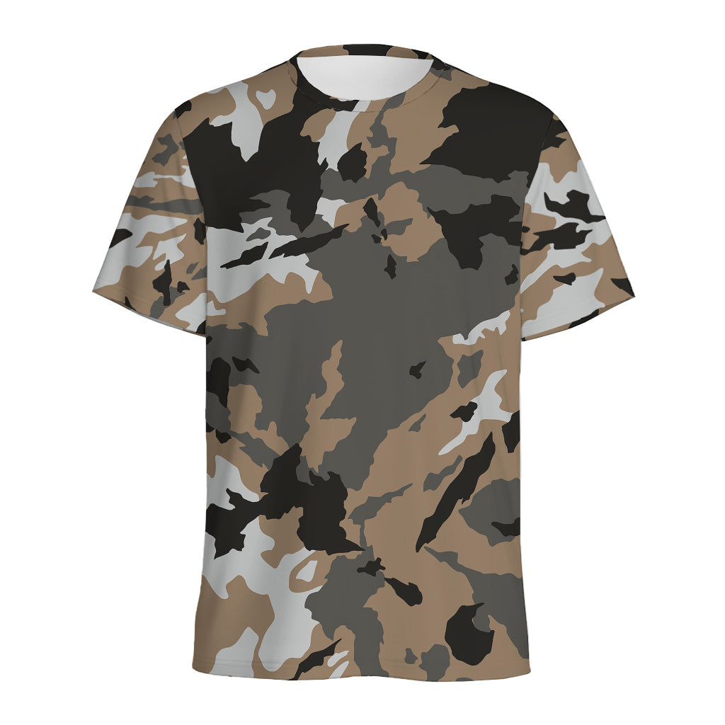 Brown And Black Camouflage Print Men's Sports T-Shirt