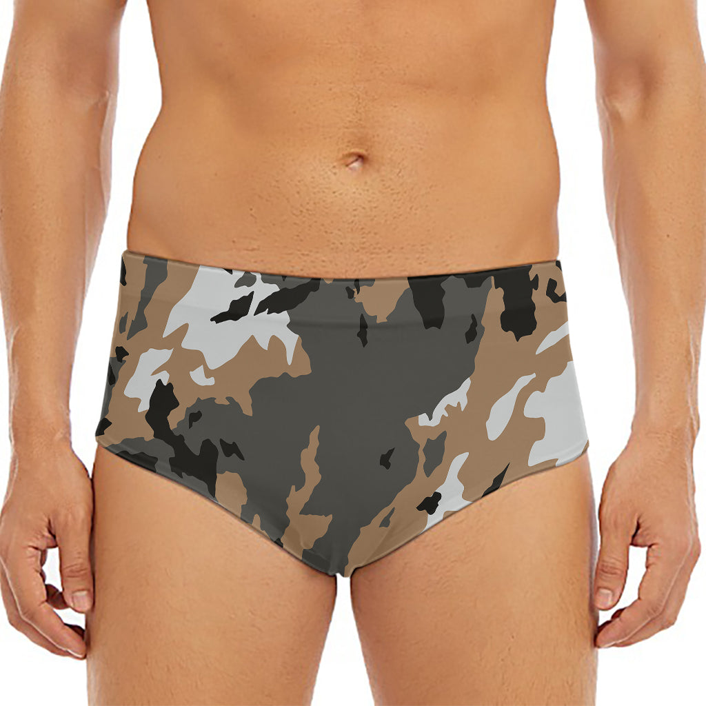 Brown And Black Camouflage Print Men's Triangle Swim Briefs