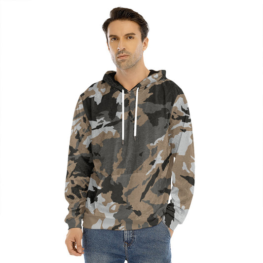 Brown And Black Camouflage Print Men's Velvet Pullover Hoodie
