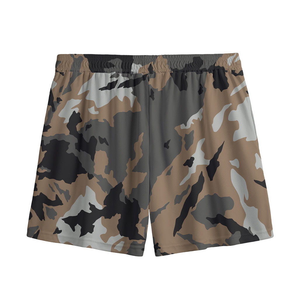 Brown And Black Camouflage Print Mesh Shorts