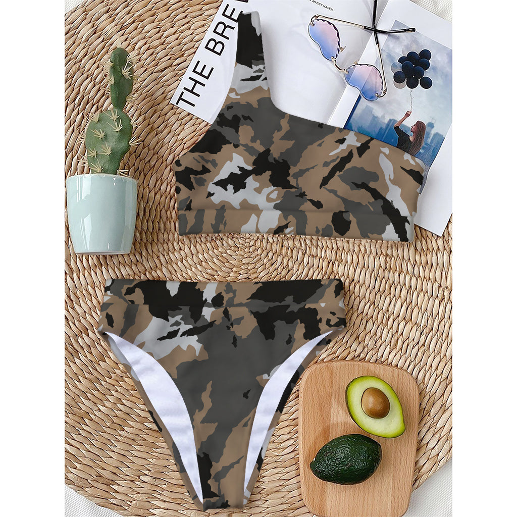 Brown And Black Camouflage Print One Shoulder Bikini Top