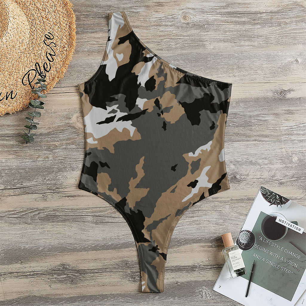 Brown And Black Camouflage Print One Shoulder Bodysuit