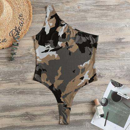 Brown And Black Camouflage Print One Shoulder Bodysuit