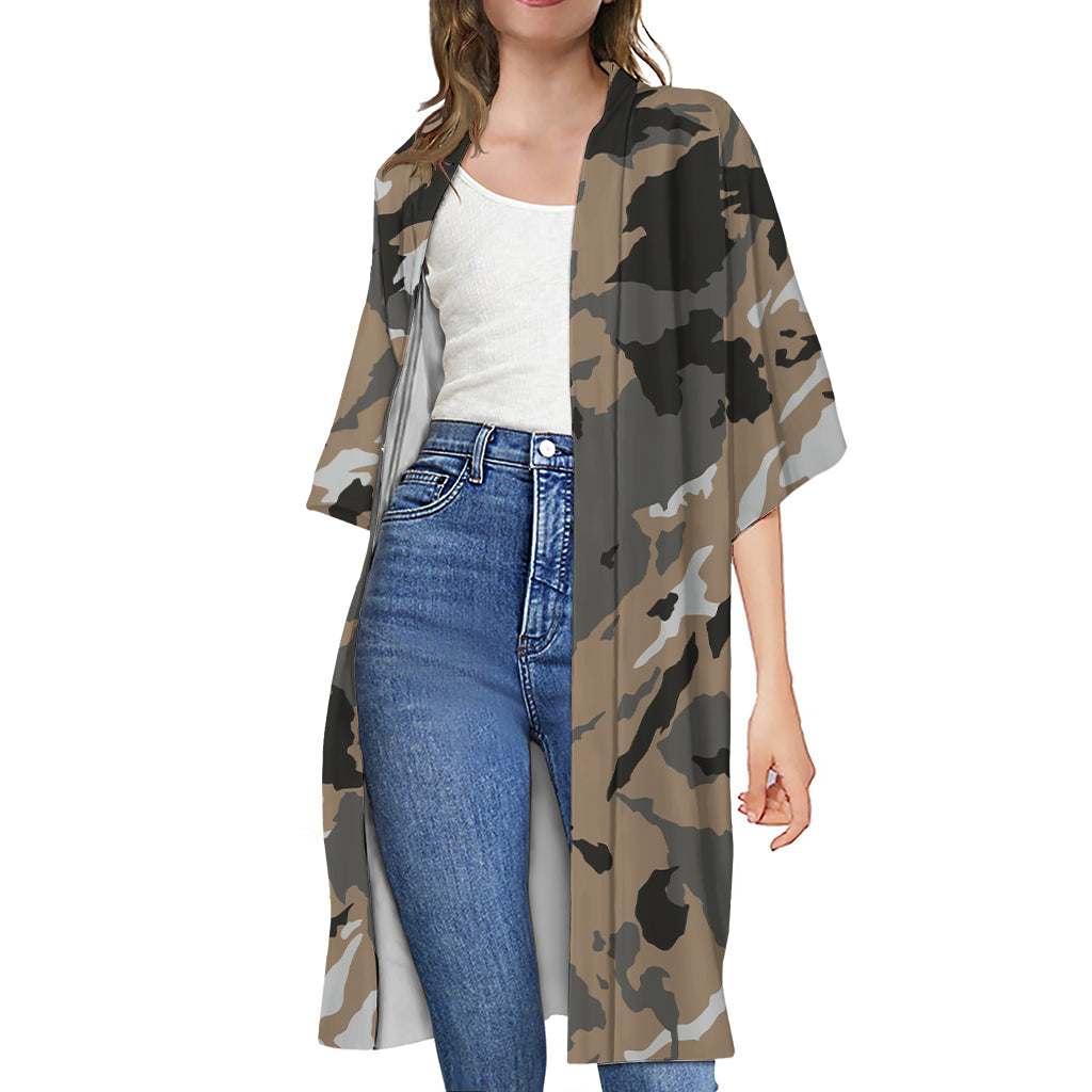 Brown And Black Camouflage Print Open Front Beach Cover Up