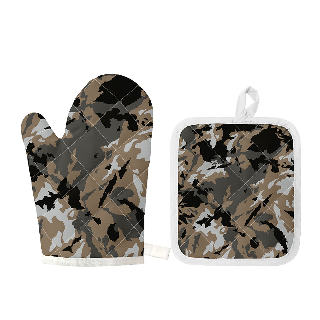 Brown And Black Camouflage Print Oven Mitt And Pot Holder Set