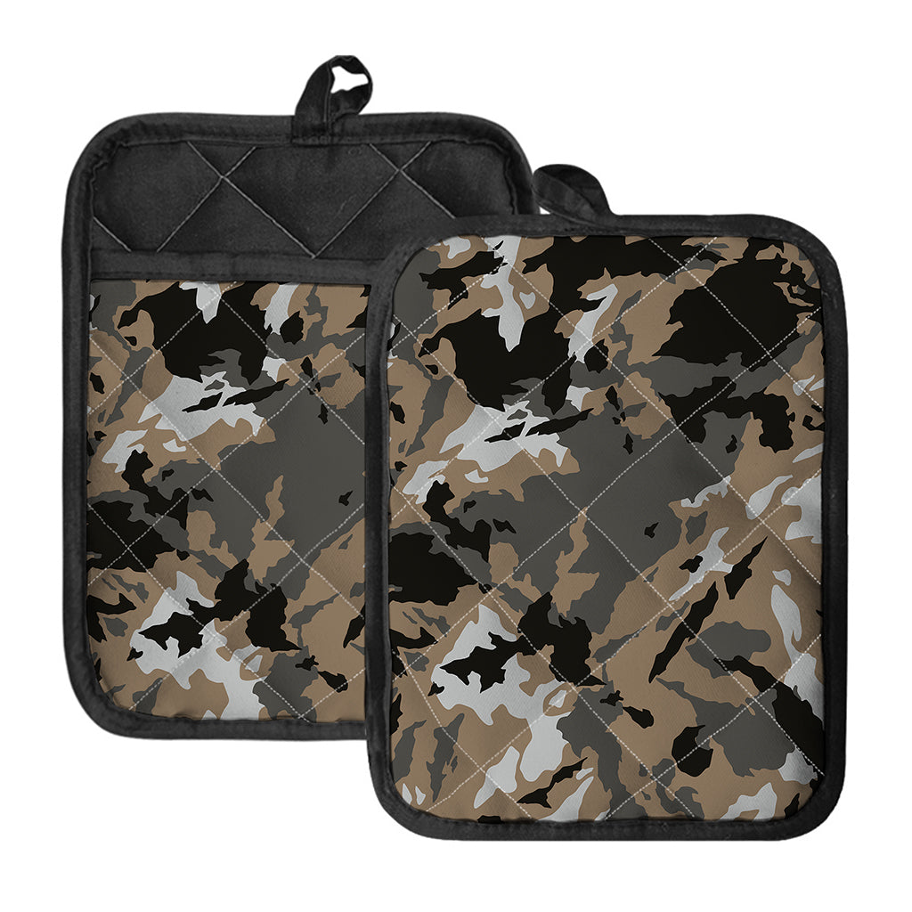 Brown And Black Camouflage Print Pot Holders With Pocket