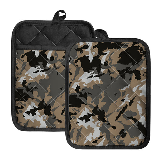 Brown And Black Camouflage Print Pot Holders With Pocket