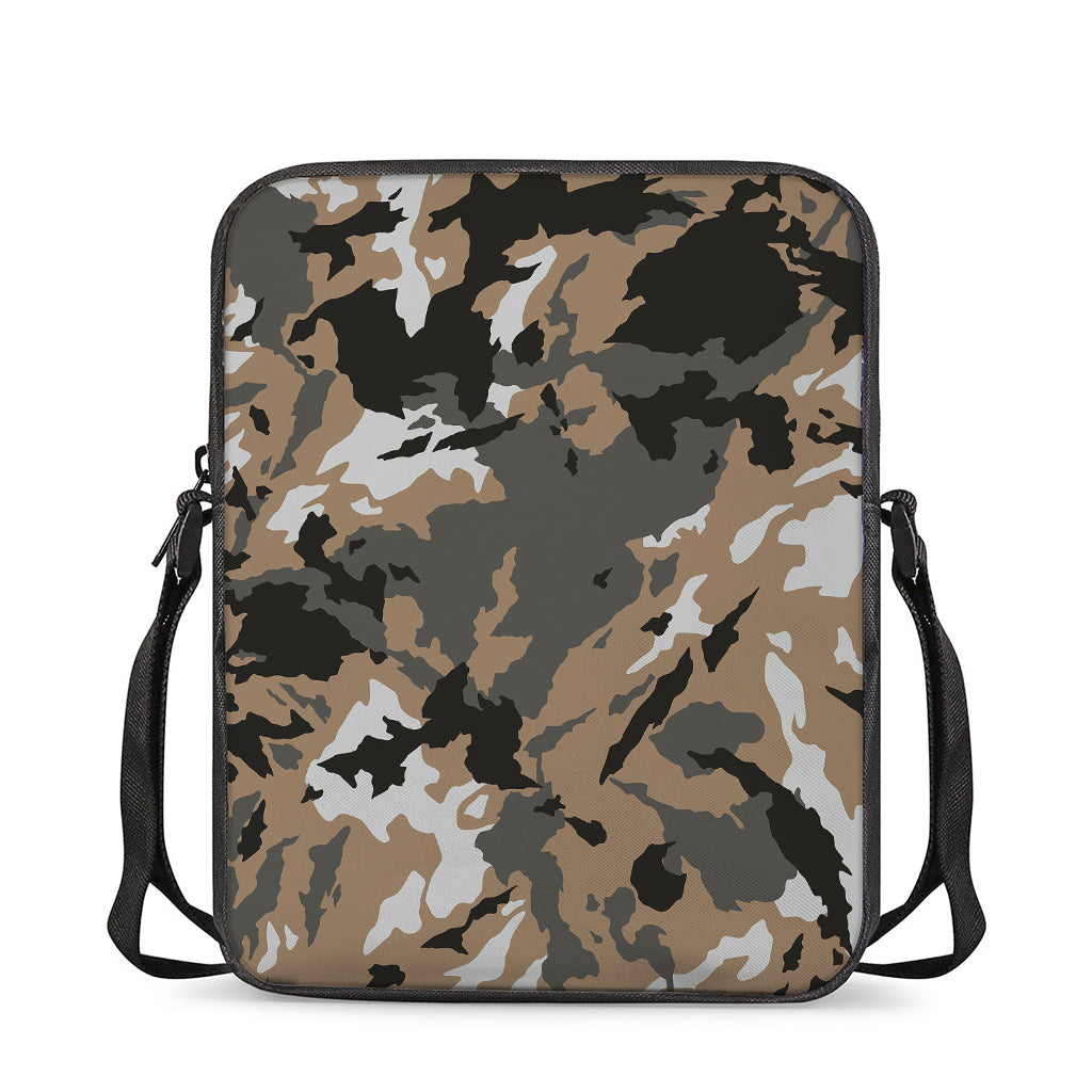 Brown And Black Camouflage Print Rectangular Crossbody Bag
