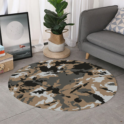 Brown And Black Camouflage Print Round Rug