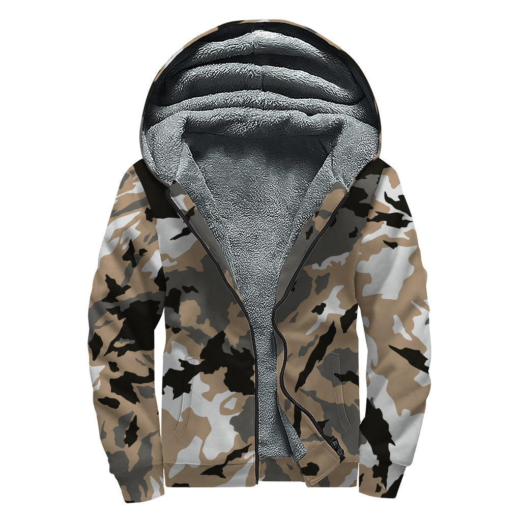 Brown And Black Camouflage Print Sherpa Lined Zip Up Hoodie