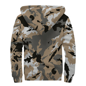 Brown And Black Camouflage Print Sherpa Lined Zip Up Hoodie