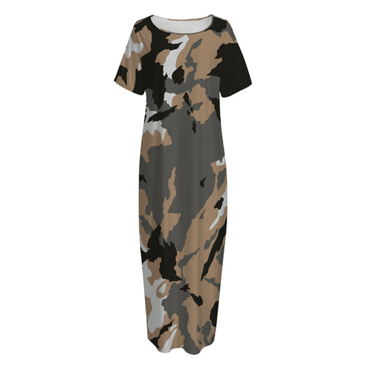 Brown And Black Camouflage Print Short Sleeve Long Nightdress
