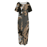 Brown And Black Camouflage Print Short Sleeve Long Nightdress