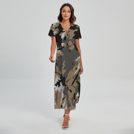 Brown And Black Camouflage Print Short Sleeve Maxi Dress