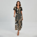 Brown And Black Camouflage Print Short Sleeve Maxi Dress