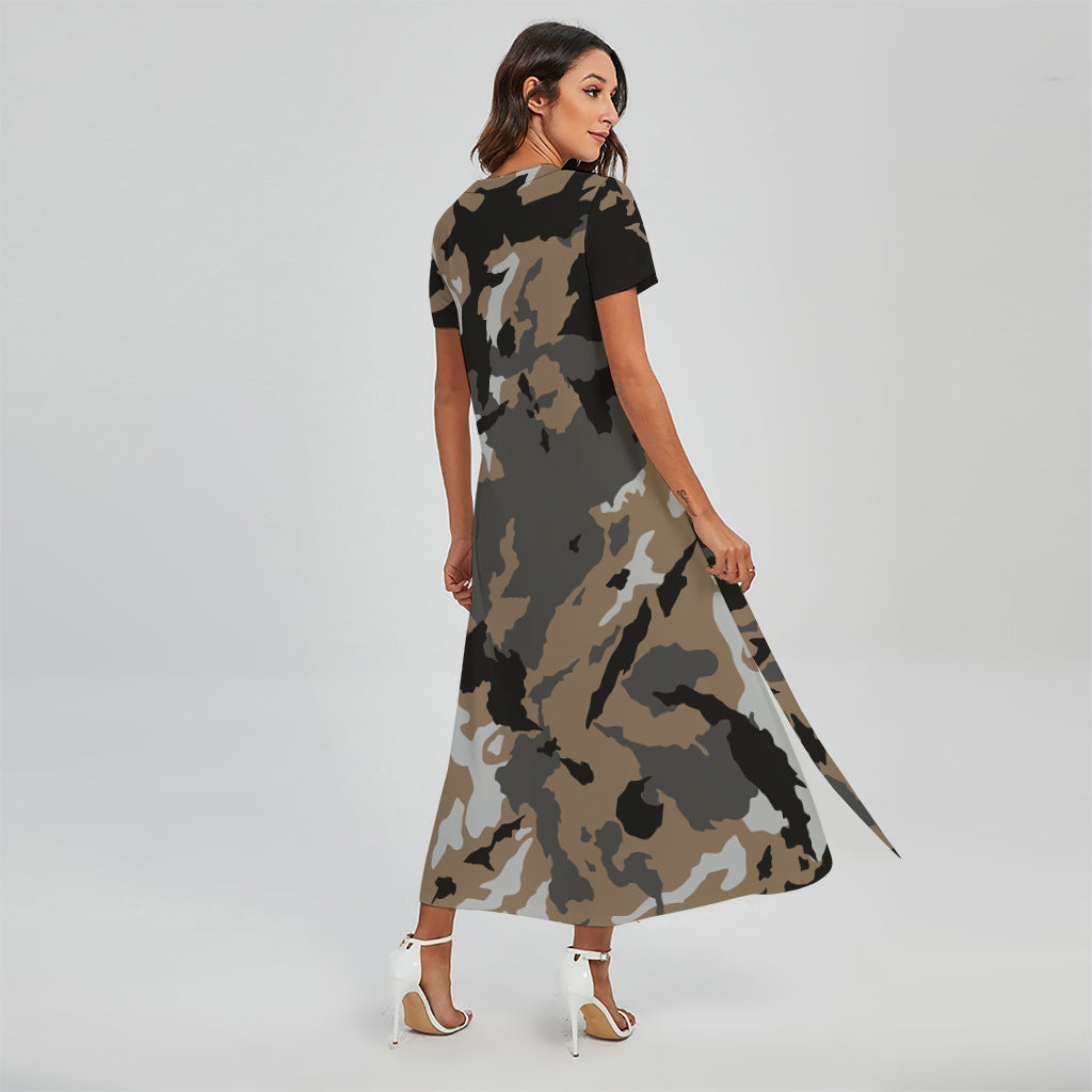 Brown and Black Camouflage Print Short Sleeve Maxi Dress