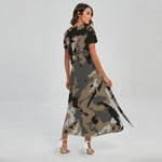 Brown And Black Camouflage Print Short Sleeve Maxi Dress