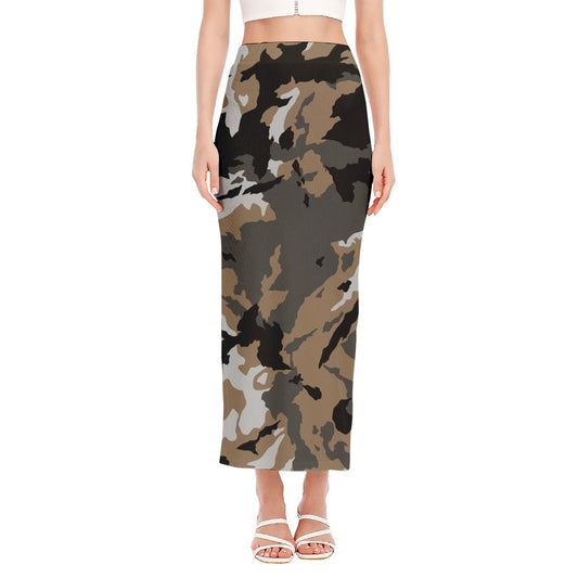 Brown And Black Camouflage Print Side Slit Maxi Skirt